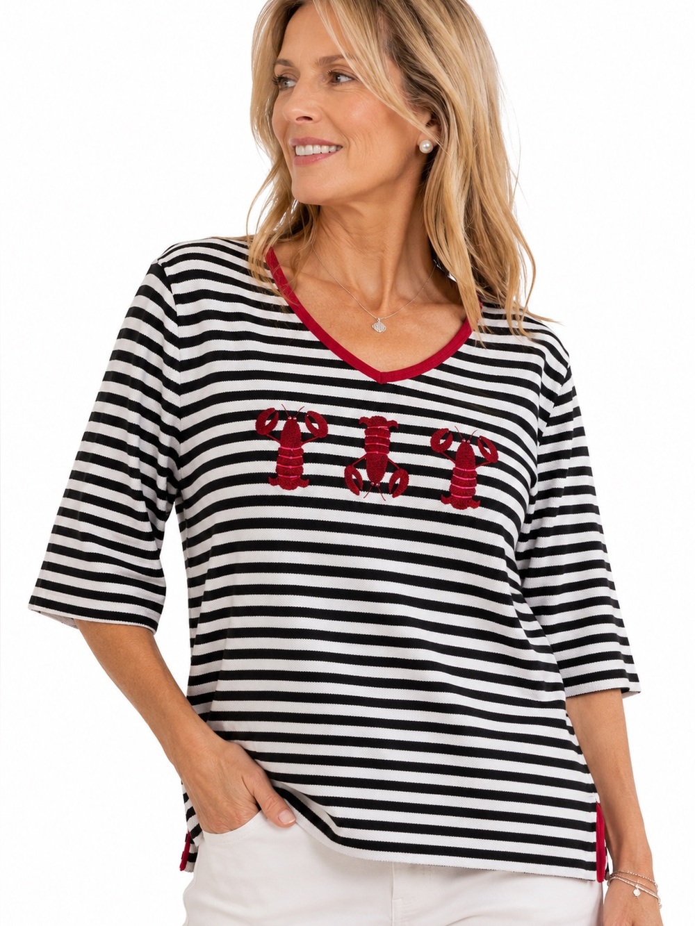 Quaker Factory Lobster Embroidered Shirt Stripes nautical coastal grandma cotton